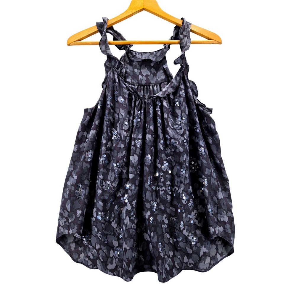 Rebecca Taylor Blue Grey Leopard Print Sequin Silk Ruffle Tank Top Blouse Size 8